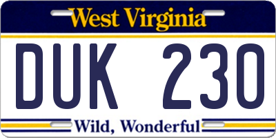 WV license plate DUK230