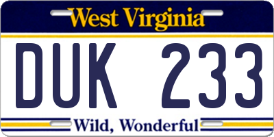 WV license plate DUK233