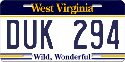 WV license plate DUK294