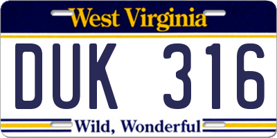 WV license plate DUK316