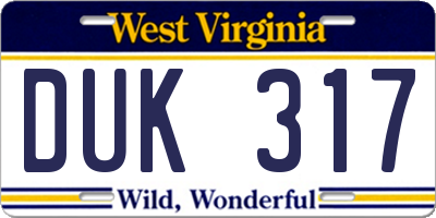WV license plate DUK317