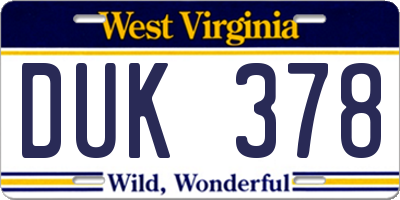 WV license plate DUK378