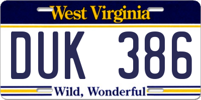 WV license plate DUK386