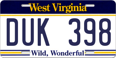 WV license plate DUK398