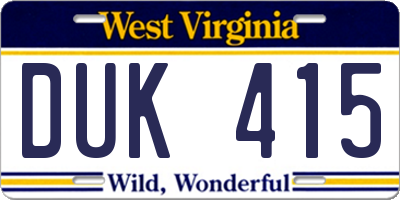WV license plate DUK415