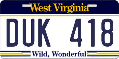 WV license plate DUK418