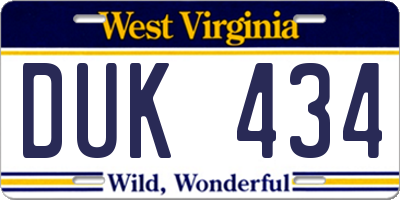 WV license plate DUK434