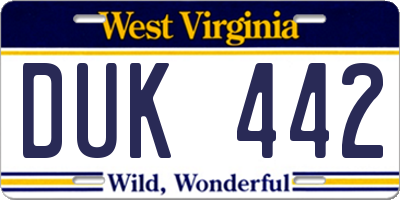 WV license plate DUK442