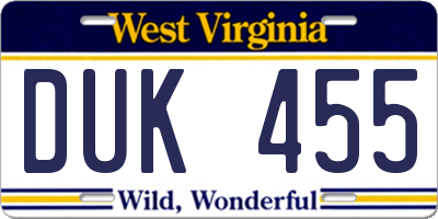 WV license plate DUK455