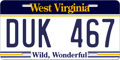 WV license plate DUK467