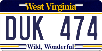 WV license plate DUK474