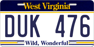 WV license plate DUK476