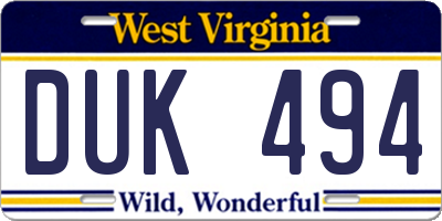 WV license plate DUK494