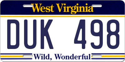 WV license plate DUK498