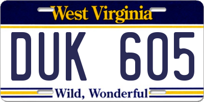 WV license plate DUK605