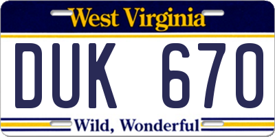 WV license plate DUK670