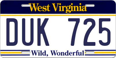 WV license plate DUK725