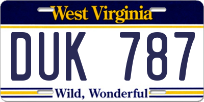 WV license plate DUK787