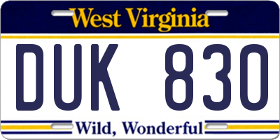 WV license plate DUK830