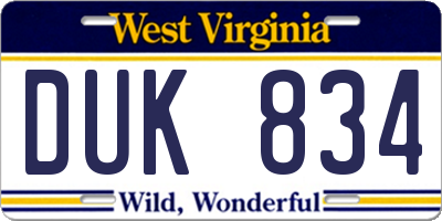 WV license plate DUK834