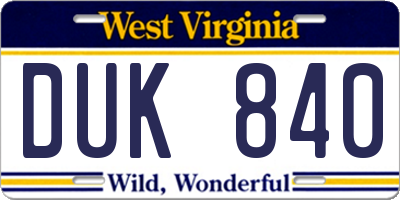 WV license plate DUK840