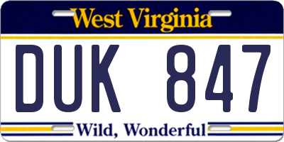 WV license plate DUK847