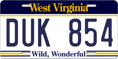 WV license plate DUK854