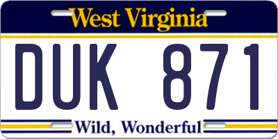 WV license plate DUK871