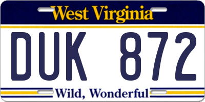 WV license plate DUK872