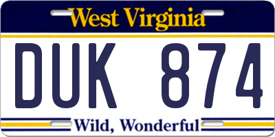 WV license plate DUK874
