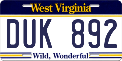 WV license plate DUK892