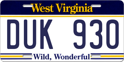 WV license plate DUK930