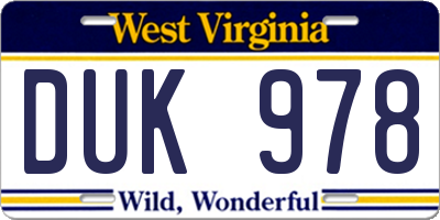 WV license plate DUK978