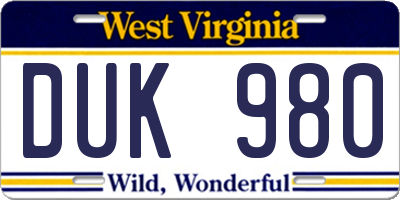 WV license plate DUK980