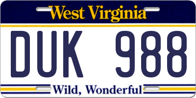 WV license plate DUK988