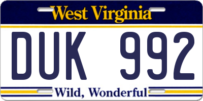 WV license plate DUK992