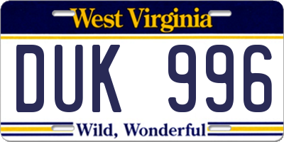WV license plate DUK996