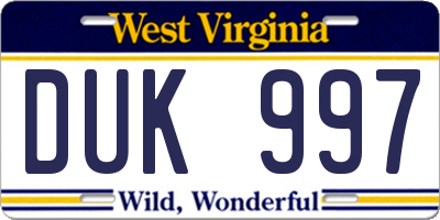 WV license plate DUK997