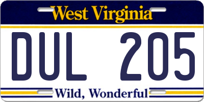 WV license plate DUL205