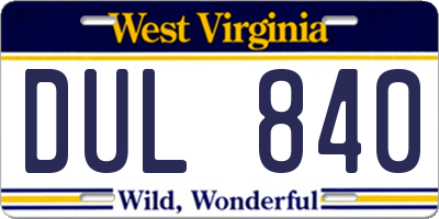 WV license plate DUL840