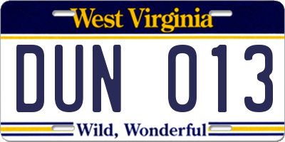WV license plate DUN013