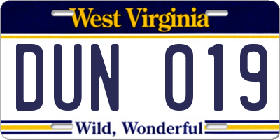 WV license plate DUN019