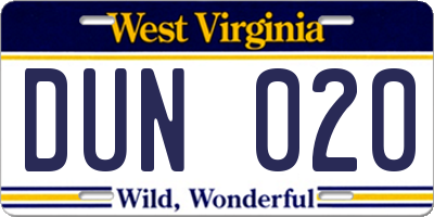 WV license plate DUN020