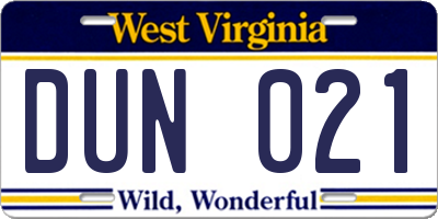WV license plate DUN021
