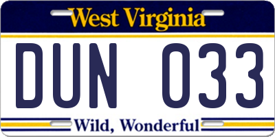 WV license plate DUN033