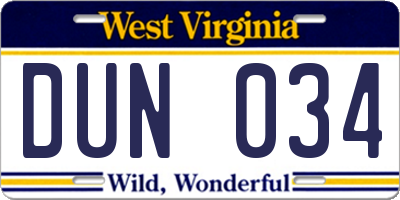 WV license plate DUN034