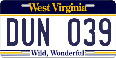 WV license plate DUN039