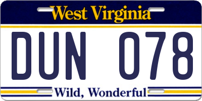 WV license plate DUN078