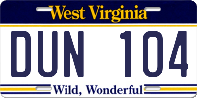 WV license plate DUN104