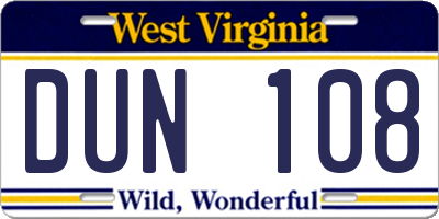 WV license plate DUN108
